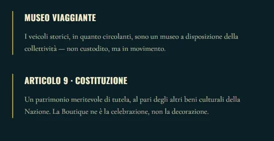 Citazione sul Museo Viaggiante e l'articolo 9 della Costituzione, su fondo scuro con accenti oro