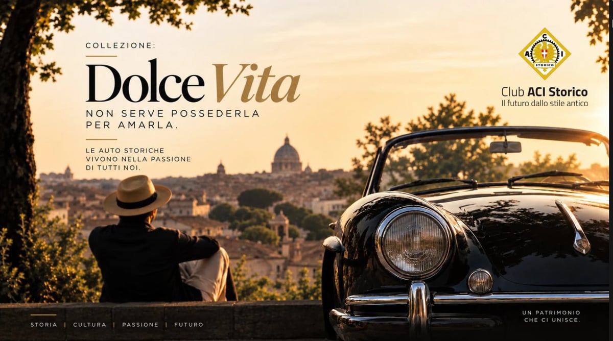 Illustrazione pubblicitaria d'epoca con una Porsche classica affacciata su una città italiana con la cupola sullo sfondo